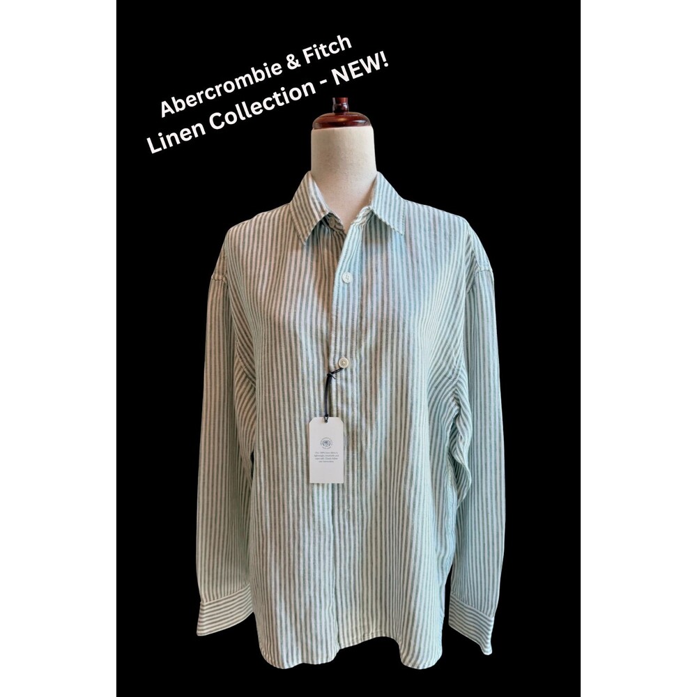 Abercrombie & Fitch Mens 100% Linen Button Down Sage & White Shirt Large NWTS